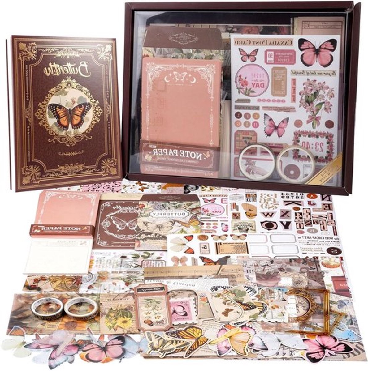 Vintage Scrapbooking-Papier Set met Vlinder Thema - Notitieboek - Stickers en Accessoires - Plakboek Fotoalbum en Bullet Journal - 395 Stuks