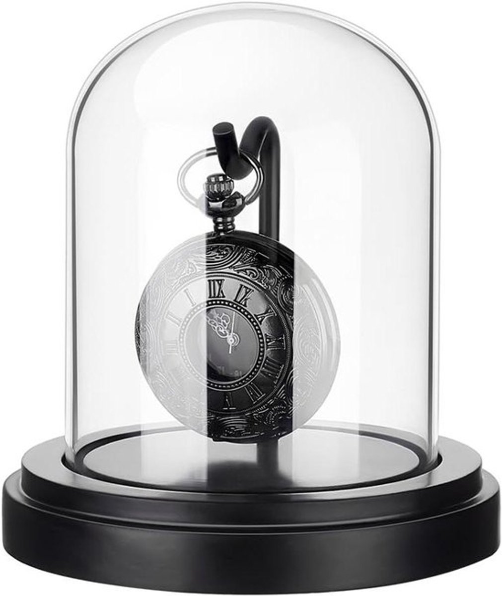 Zwarte Houten Dome Cloche voor Zakhorloge Medailles - Horloge Glazen Display - Decoratieve Display Case met Metalen Haak - Zakhorloge Display Dome voor Foto's en Ornamenten - 4.5x4.3 inch