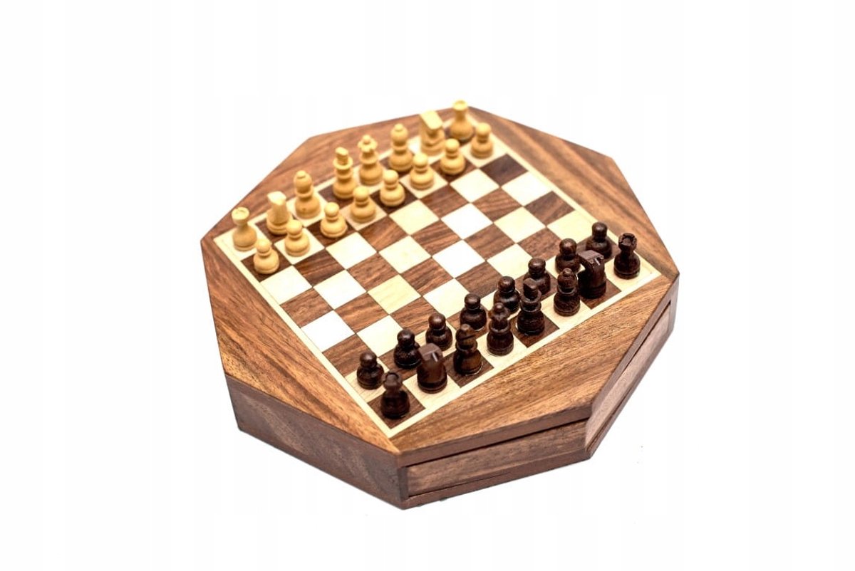 Magnetische Houten Schaakset - Achthoekige rijstdoos
