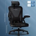 Afmetingen van de zwarte ergonomische bureaustoel: totale hoogte 108-128cm, breedte 54cm, zithoogte 43-53cm, zitbreedte 50cm, zitdiepte 51cm.