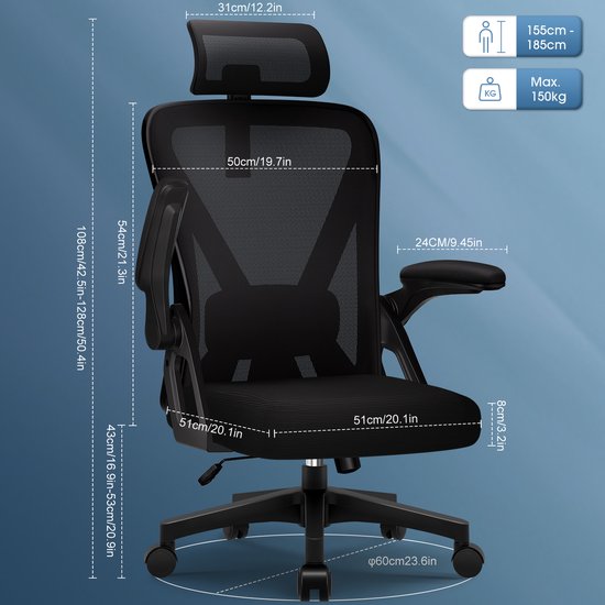 Afmetingen van de zwarte ergonomische bureaustoel: totale hoogte 108-128cm, breedte 54cm, zithoogte 43-53cm, zitbreedte 50cm, zitdiepte 51cm.