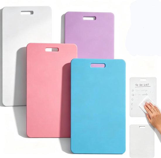 Vier herbruikbare notitieblokjes in pastelkleuren: wit, lila, roze en blauw, met uitsparing aan de bovenkant.