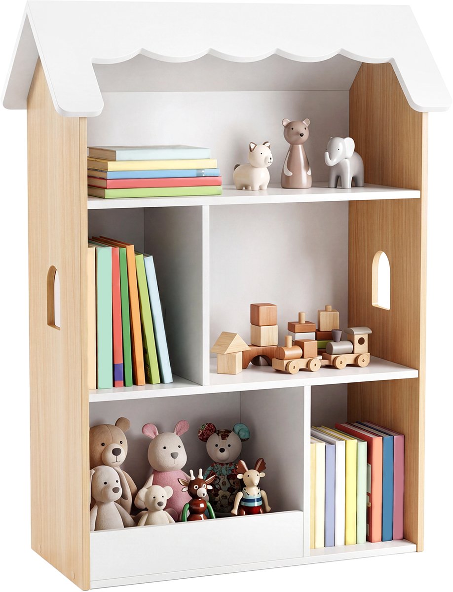 COSTWAY Boekenplank Kinderen in Huisvorm, Houten Speelgoedplank met 5 Open Vakken, Kinderplank met Kantelbeveiliging, Opbergplank Montessori voor Kinderkamer & Speelkamer, Wit + Natuur