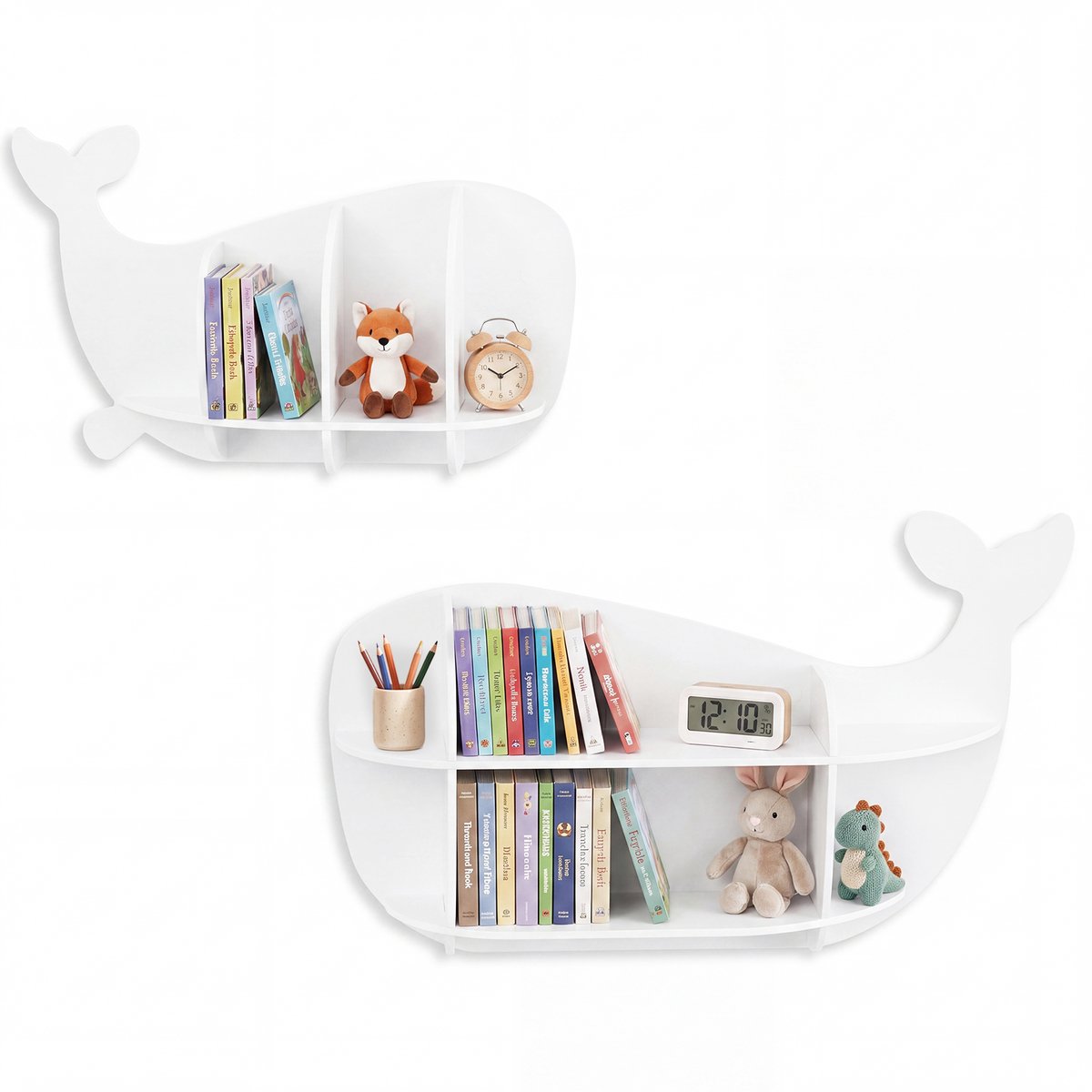 COSTWAY 2-delige Walvis Muurplank voor Kinderen, Zwevende Plank met Vakken, Houten Speelgoedplank Montessori, Hangplank voor Kinderkamer, Slaapkamer, Wit