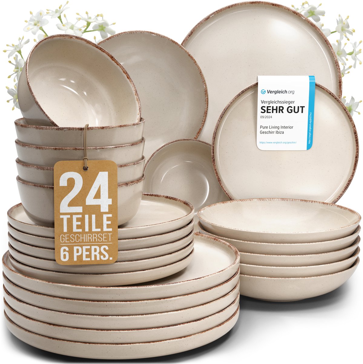 Pure Living beige serviesset voor 6 personen – 24-delig – aardewerk – landelijk design – vaatwasserbestendig