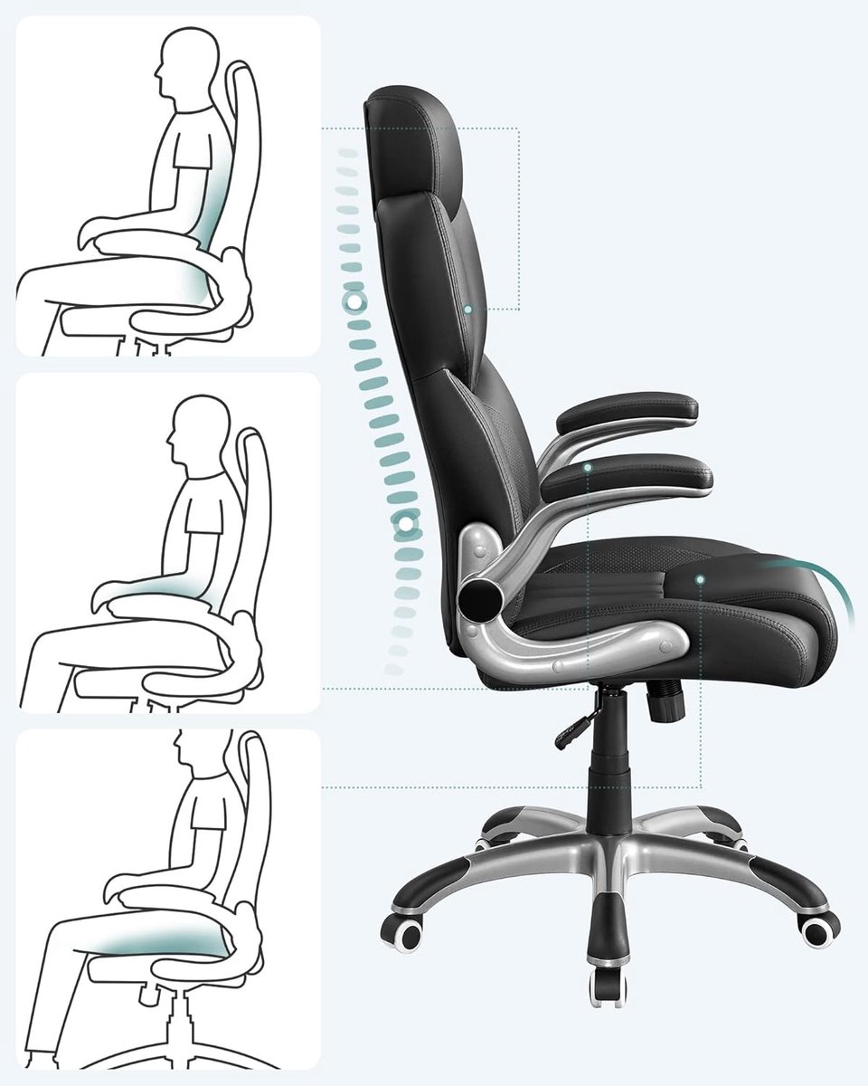 Conway Living® Luxe Ergonomische Bureaustoel - Directeurstoel - Inklapbare Armleuningen - Gaming Stoel - In Hoogte Verstelbare Hoofdsteun - Kunstleer - Zwart – foto 5
