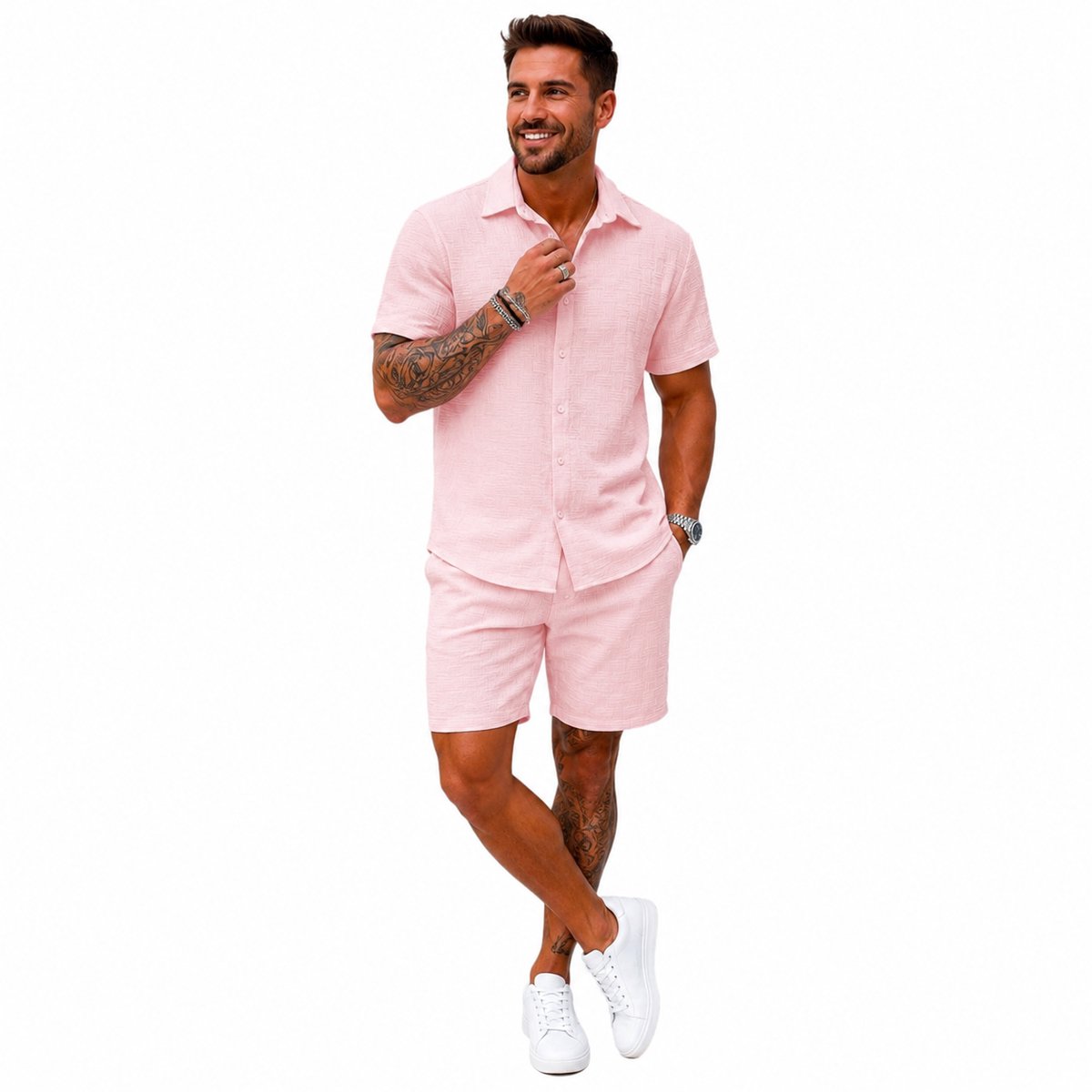 Zomer Set Design Heren - Roze - Oversized Blouse - Korte Broek - Korte Mouwen