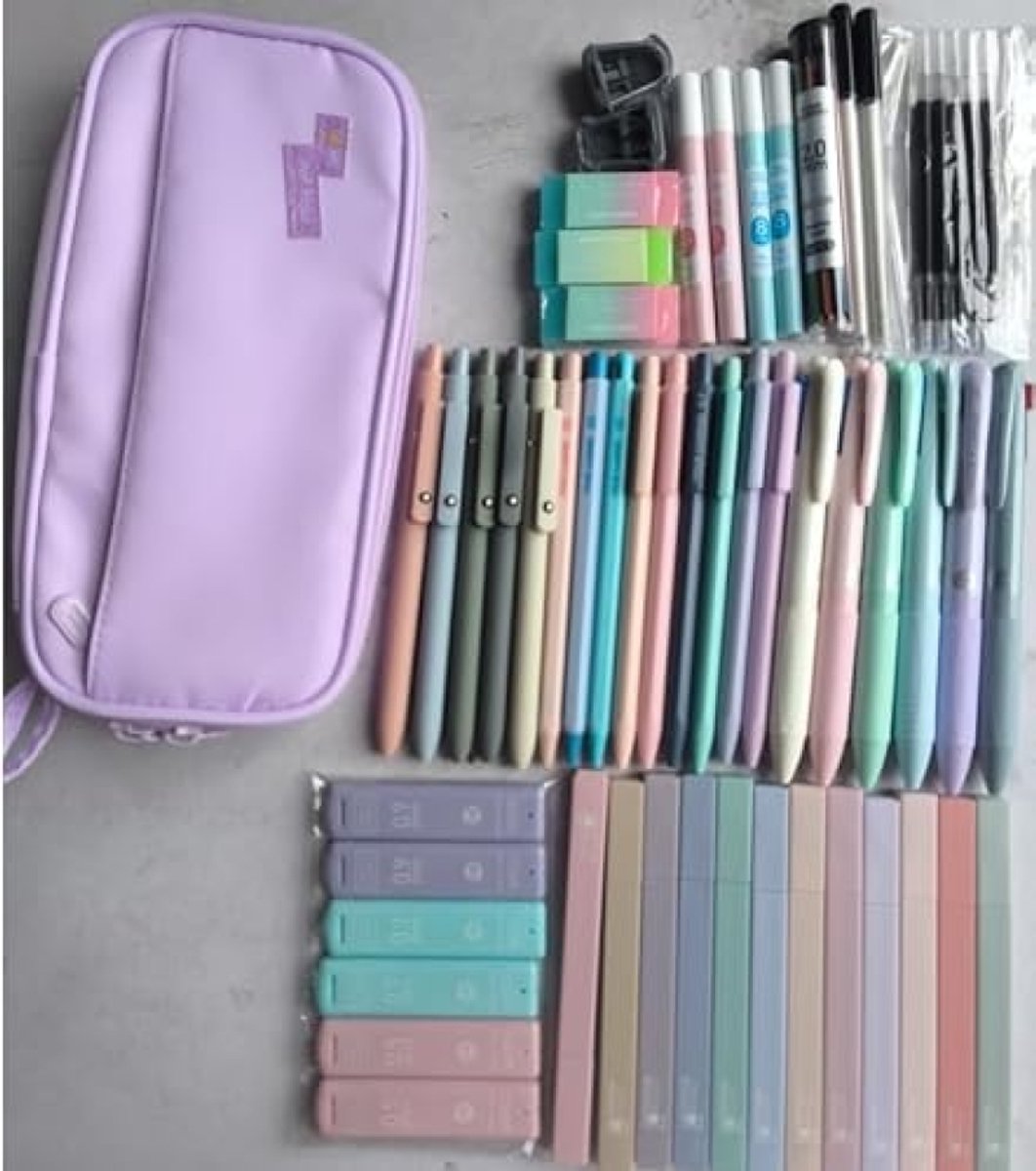 ModernStore 56-delig Schoolbenodigdhedenpakket met Etui - Lila - Multifunctionele Pennen, Markeerstiften en Mechanische Potloden