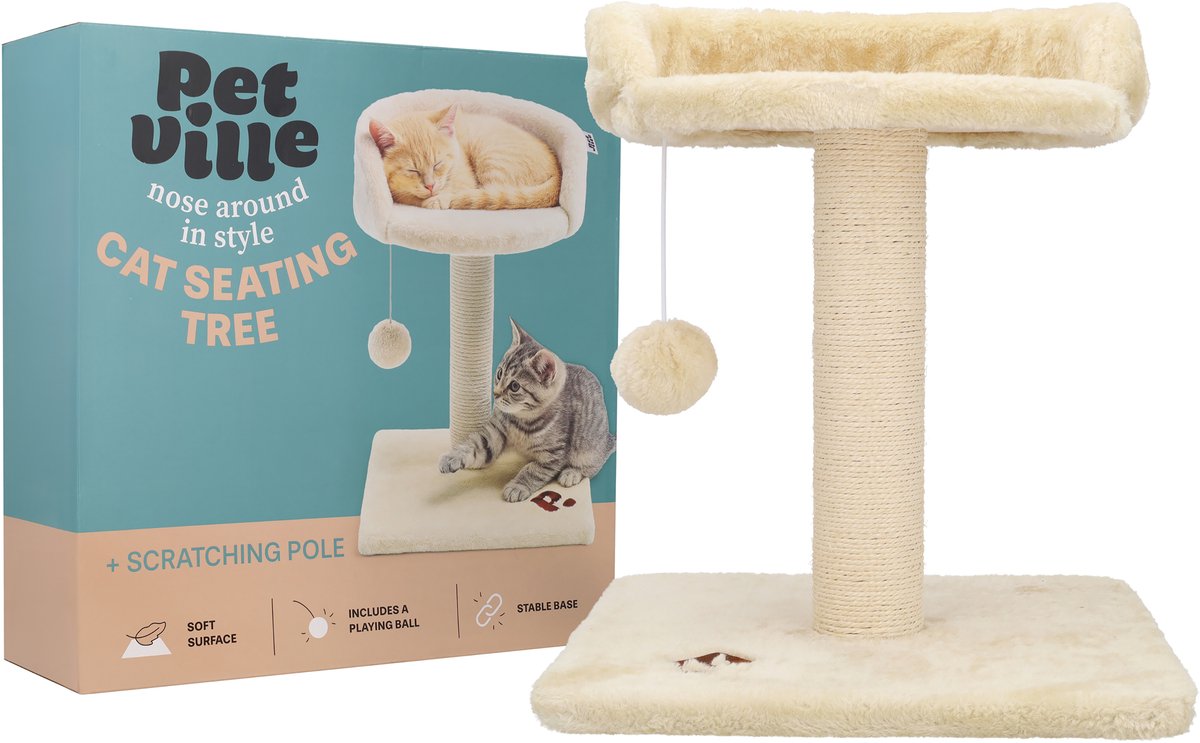 Krabpaal voor Katten met Kattenmand - Kattenspeelgoed - Incl. Speelbal - 35 x 35 x 43 cm - Sisal Touw - Kattenbed - Kattenboom - Kattenpaal met Slaapplek - Kattenhuis Binnen - Kattenmeubel voor Grote en Kleine Katten - Kattentoren - Beige - PetVille – foto 4