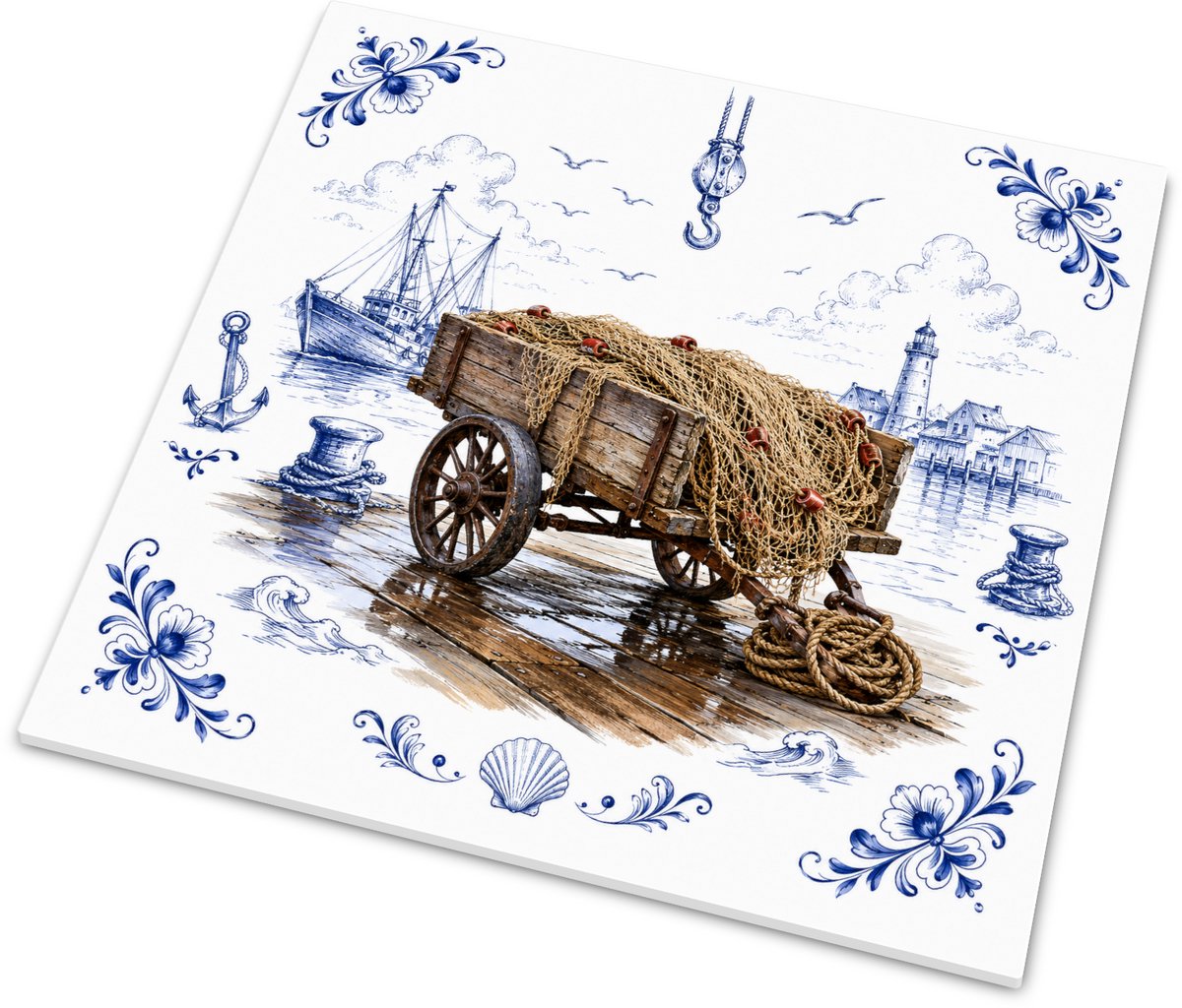 Wandtegeltje Delfts blauw met houten kar en visnetten - Maritiem tegeltje met vissersboot 