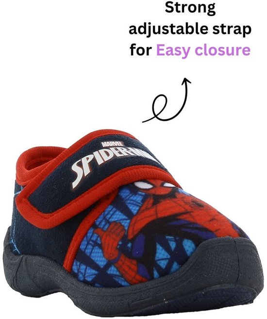 Blauwe kinderslof met Spiderman-opdruk en rode rand. Verstelbare klittenbandsluiting.