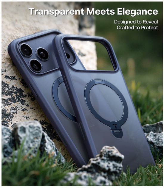 Blauw doorschijnend telefoonhoesje met magnetische ringstandaard, ontworpen om te beschermen en te pronken met het ontwerp.