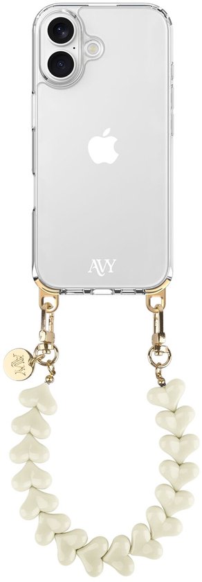 Telefoonhoesje met lanyard adapter. De adapter is een koord van beige hartjes en gouden details.