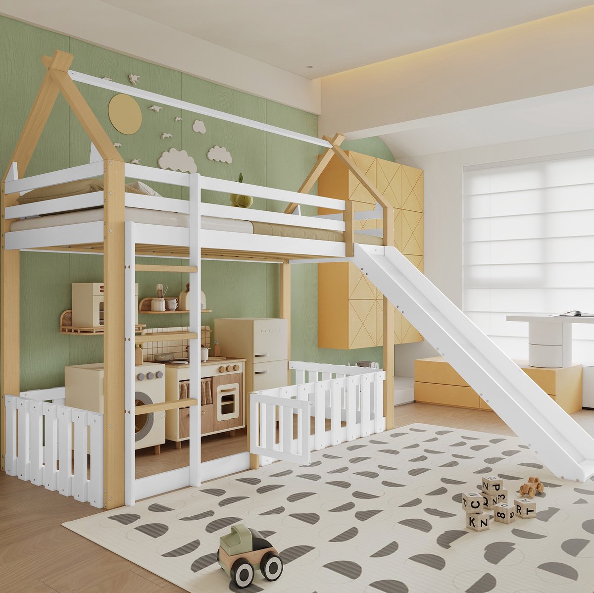 COVREO Bed 90x200 cm wit natuur met glijbaan en ladder zonder matras