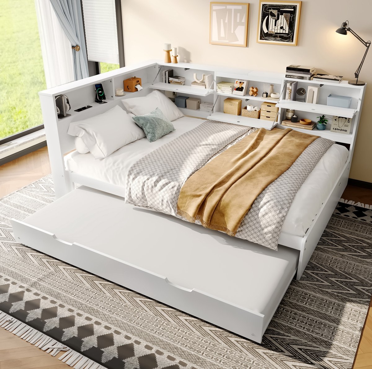 COVREO Bed 140x200 cm wit met opbergruimte en uittrekbed zonder matras