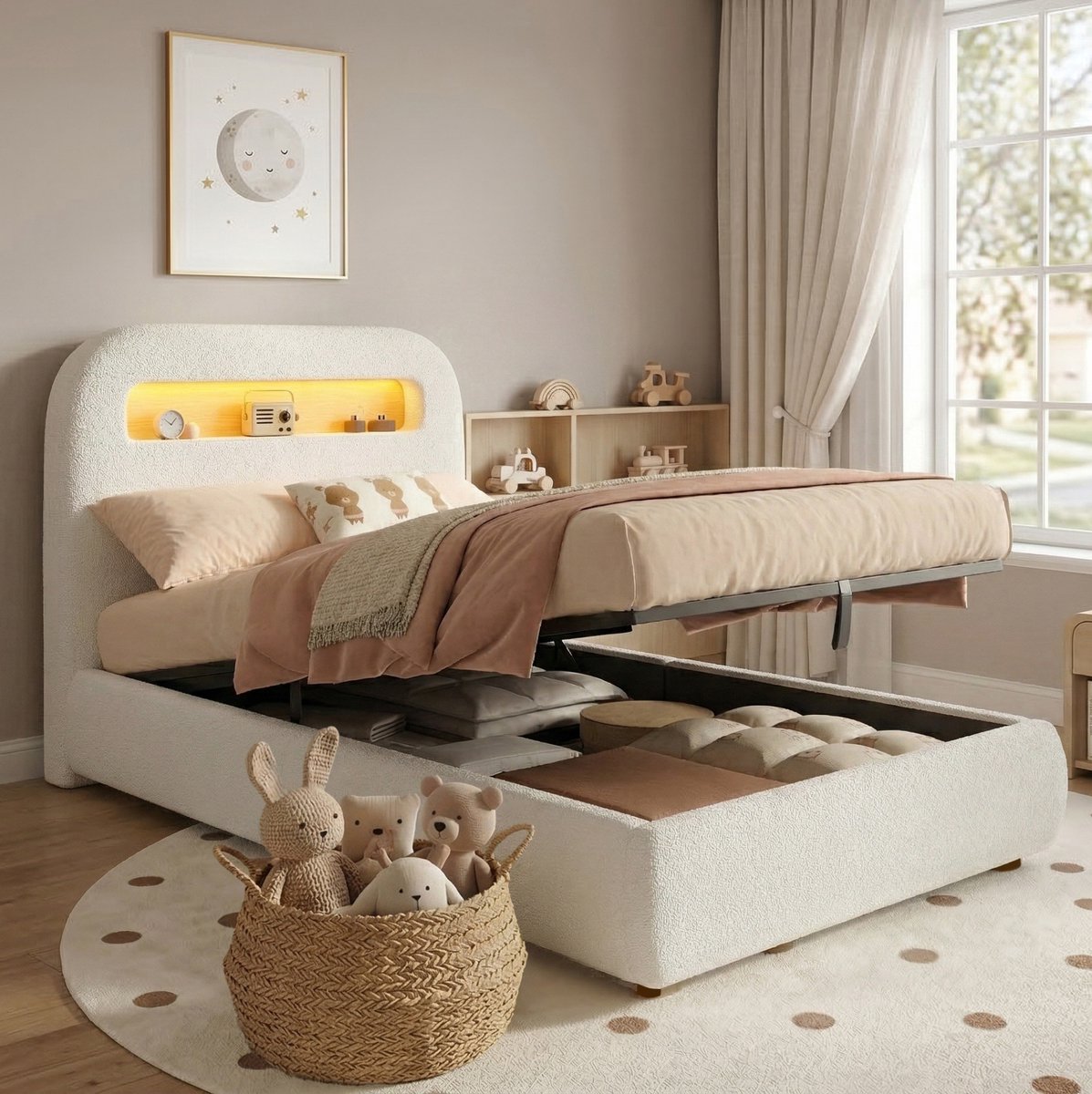 COVREO Eenpersoonsbed met hydraulische opbergruimte en LED-verlichting – 90x200 cm – Kinderbed met lattenbodem en hoofdbord – voor kinderkamer en slapen – Wit - zonder matras