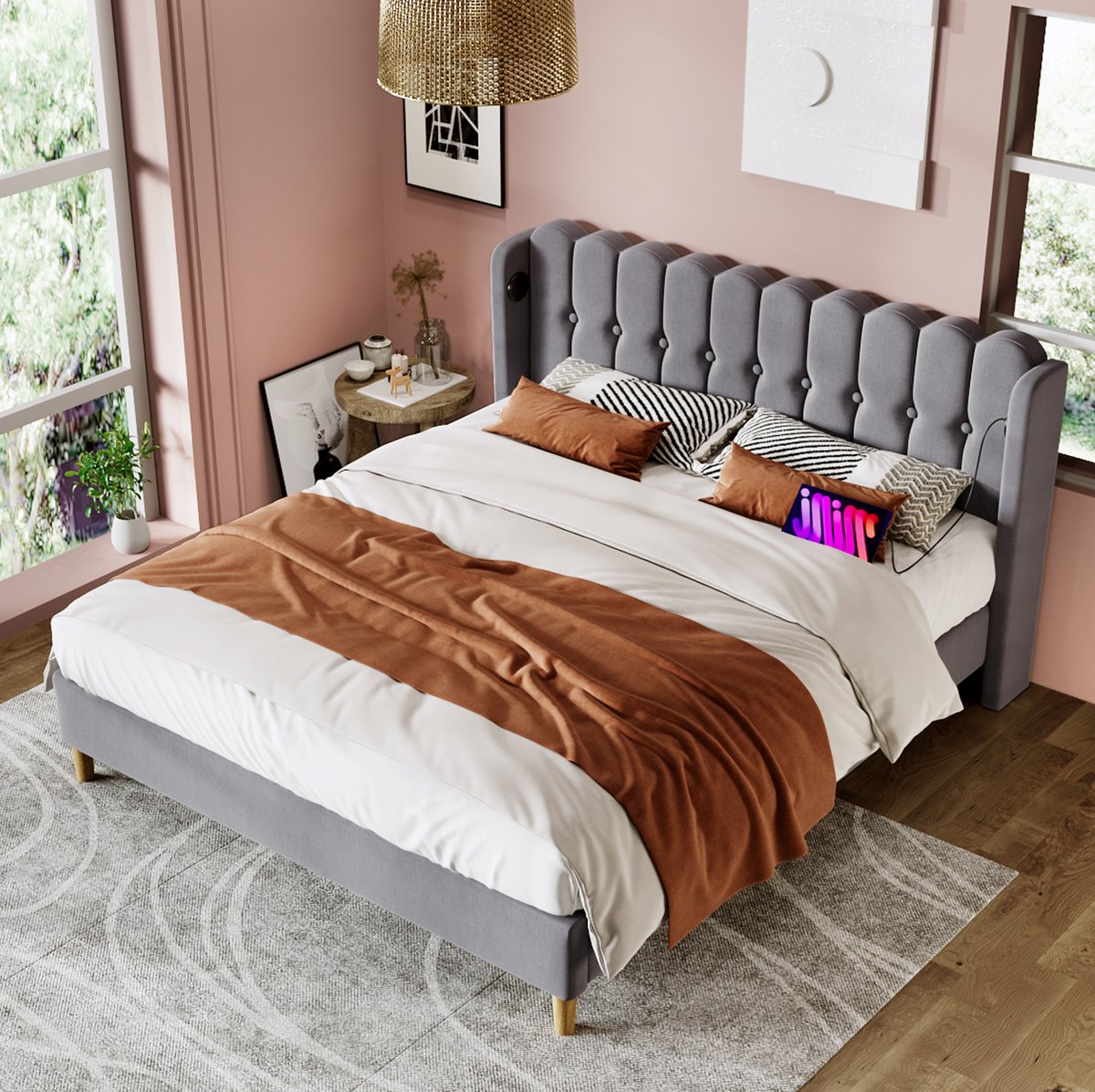 COVREO Bed met USB-C – 180x200 cm – Gestoffeerd bedframe met lattenbodem – voor slaapkamer en logeerkamer – Grijs - zonder matras