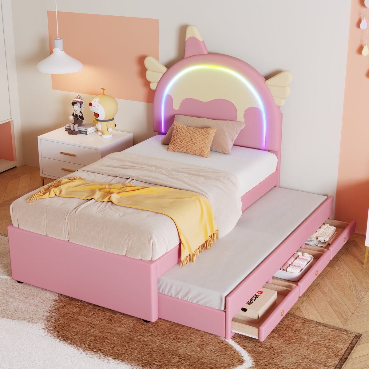COVREO Bedframe 90x200 cm roze PU MDF met uitrolbed zonder matras