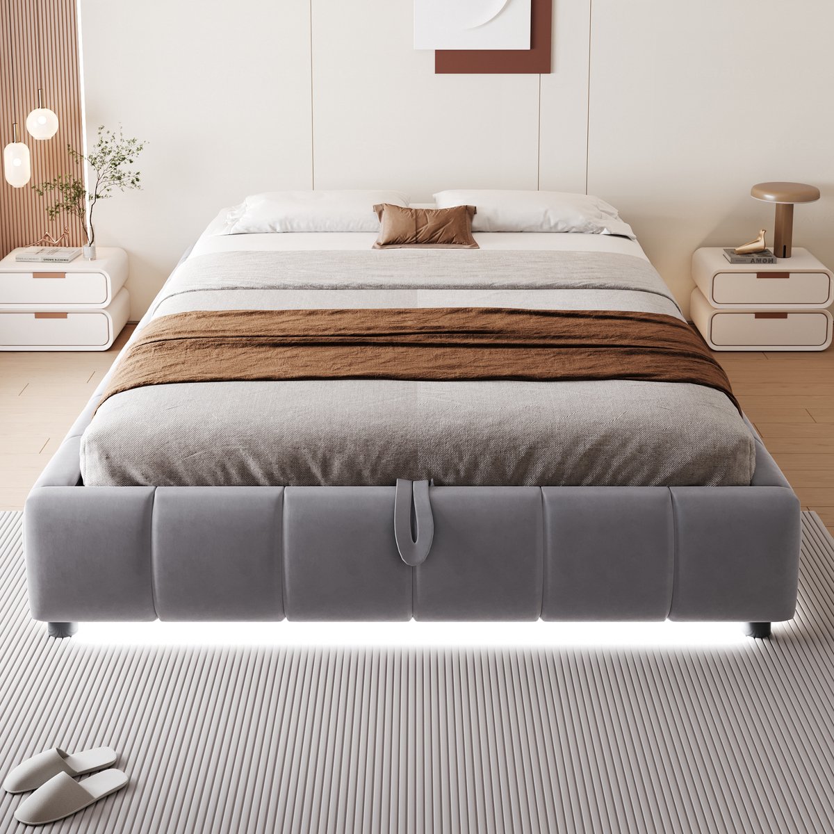 COVREO Bedframe 140x200 cm grijs stof met opbergruimte zonder matras