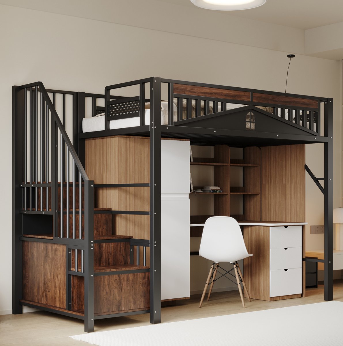 COVREO Bedframe 90x200 cm zwart met hoge opbergtrap, zonder matras