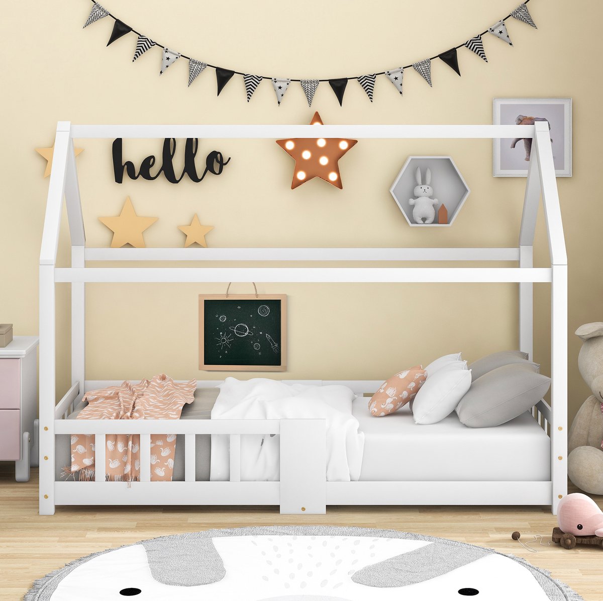 COVREO Bedframe 90x200 cm wit, huisvorm, lattenbodem, zonder matras