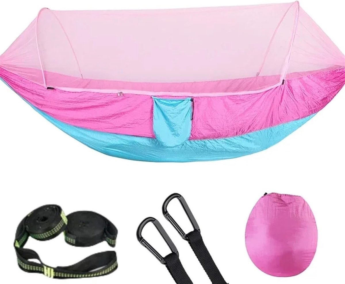 Reishangmat - Kampeerhangmat Klamboe - Outdoor Ontspanning - Pop-Up Frame - 120x250 cm - Roze