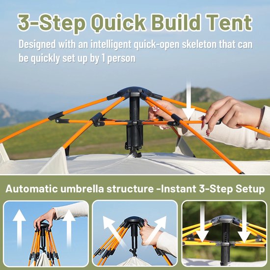 Velmio Automatische Pop-up Tent - Waterdicht - Camping Tent voor 2-4 Personen - 210x190x135cm - Waterdichte Kampeertent - Outdoor Kampeer & Festival Tent - Ideaal voor Gezinscamping en Buitenactiviteiten - Met Luifel & Draagtas - Grijs — afbeelding 3