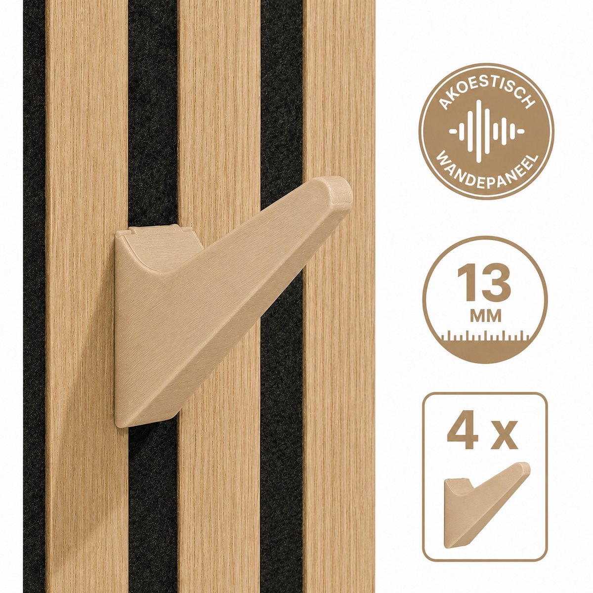 4 Stuks Kapstok Haken voor Akoestisch Wandpaneel - Wandpanelen Ophangen - Zelfklemmende Ophanghaken - Voor Lattenwand Akoestische Panelen - 13 Mm Breedte - 10 Mm Groefdiepte - Duurzame Bevestiging - Set Van 4 Stuks - 100% Gerecycled Kunststof - Oak