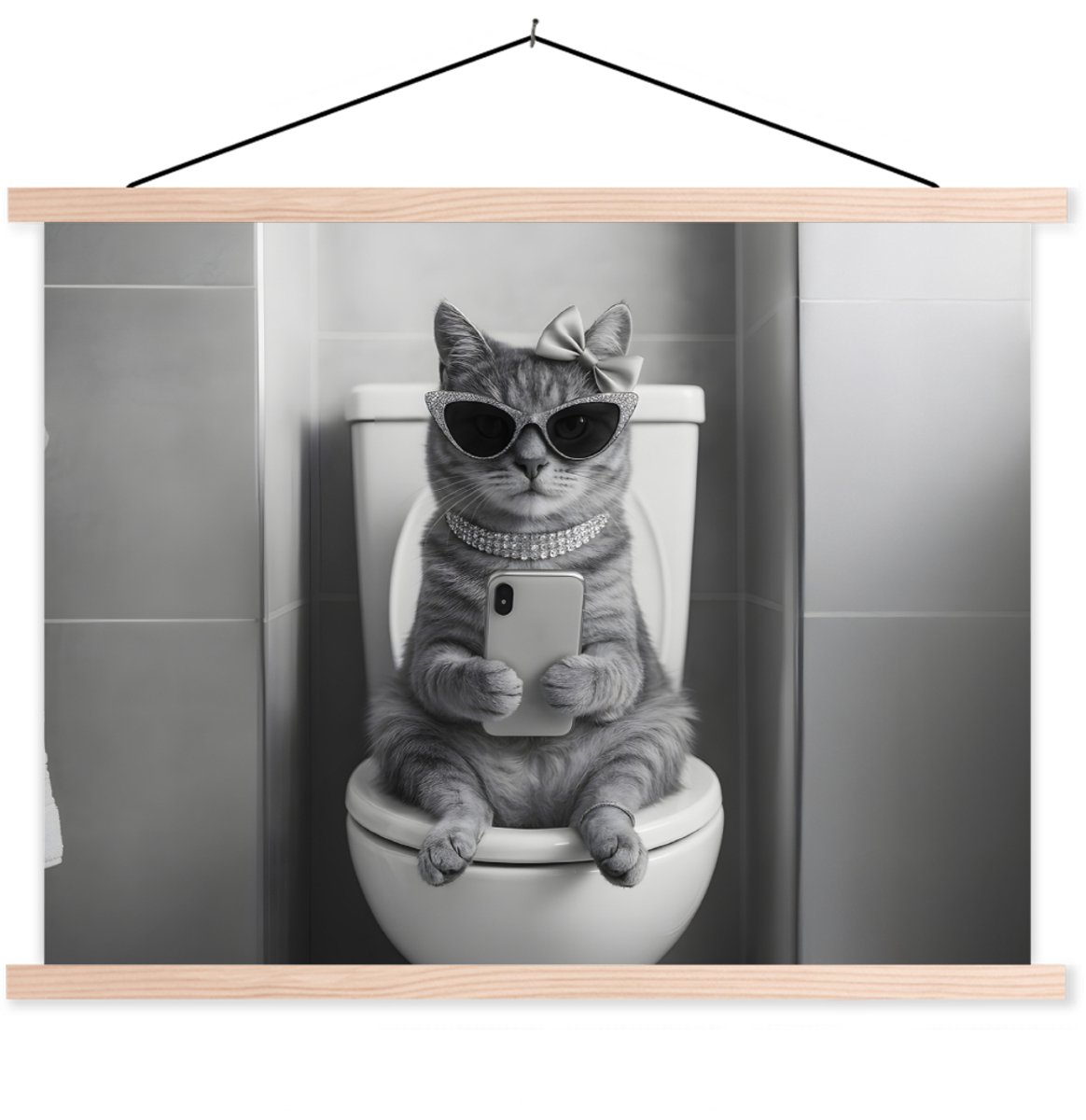 Posterhanger incl. Poster 120x90 cm - Schoolplaat - Kat - Telefoon - Toilet - Zwart - Wit