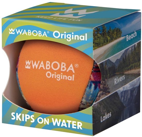 Waboba Original productdoos met oranje bal erin, met strand en waterafbeeldingen.