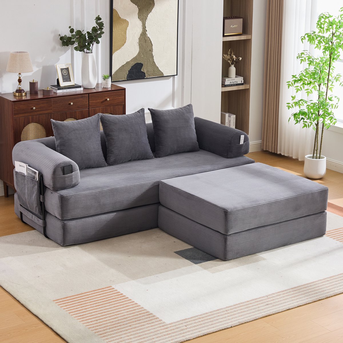 DESMIU Slaapbank 200 Cm - Modulaire Bank Met Hocker, Zijvak En 3 Kussens - Voor Woonkamer