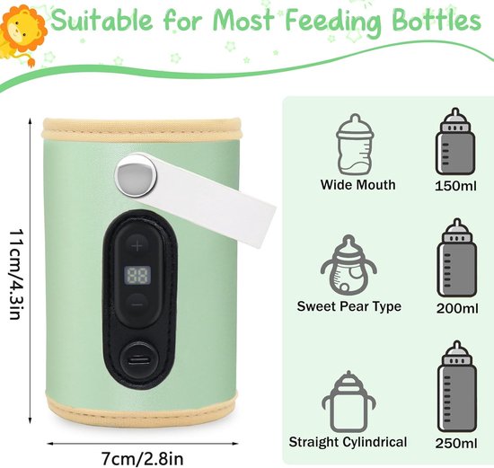 Draagbare babyflessenwarmer voor onderweg - USB-opladen - 6 instelbare temperaturen 38 tot 55°C - met temperatuurscherm - Groen — afbeelding 3
