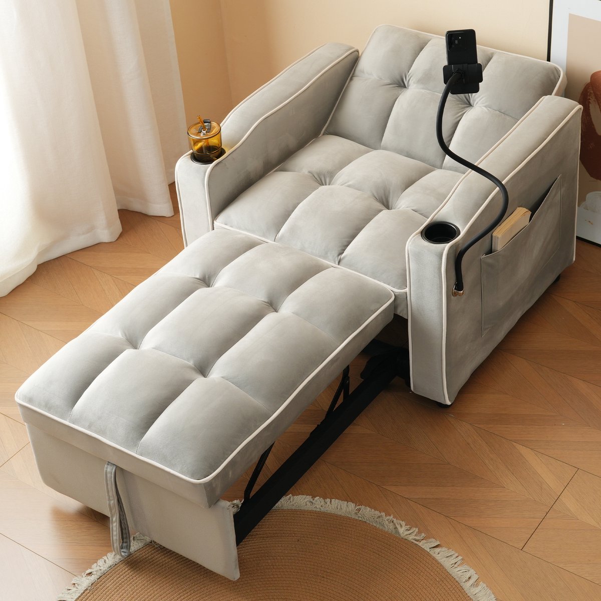 DESMIU Fauteuil 83 x 167 x 76 Cm - 3-In-1 Uitschuifbare Slaapfauteuil Met Verstelbare Rugleuning En Drinkhouders - Voor Kleine Ruimtes - Velvet Grijs