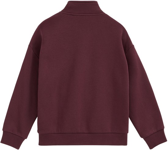 Achterkant van een bordeauxrode sweater met ritskraag en lange mouwen.