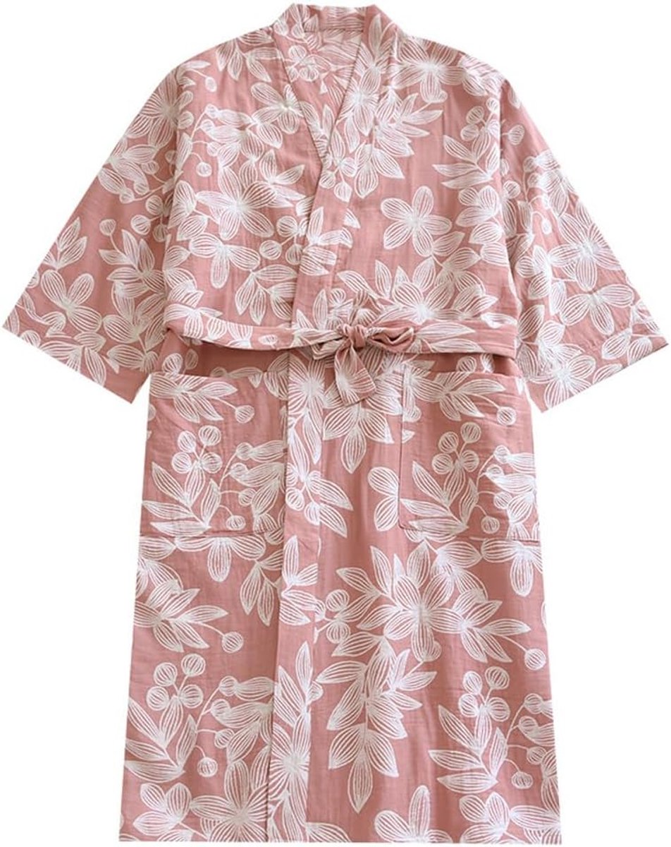 Dames Badjas - Japanse Kimono - Ontspannen Thuis - Ademende Katoen - One Size - Blauw