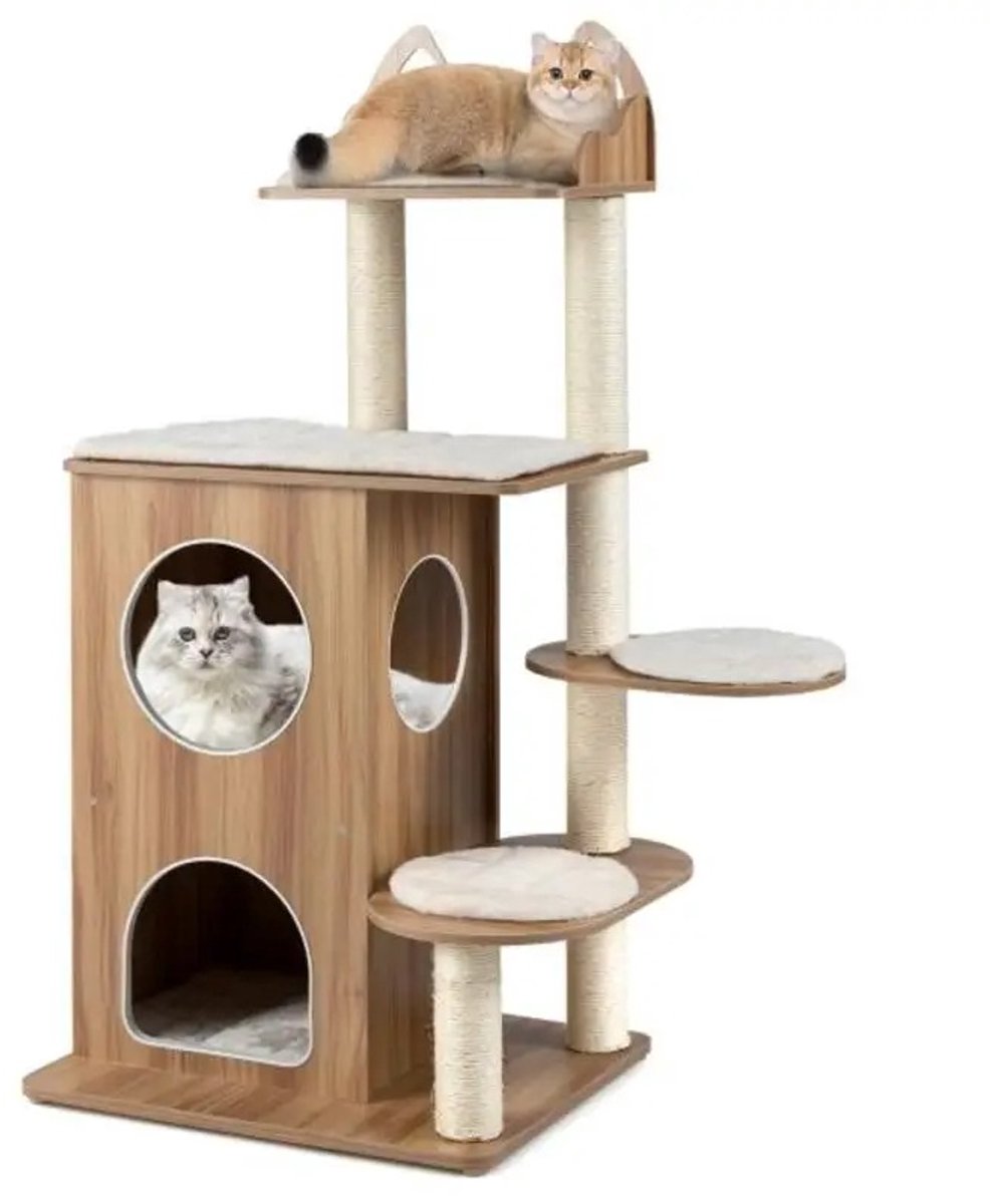 NordPaw® Luxe Houten Krabpaal 122 cm - Kattenboom met 2 Kattenhuizen - Krabmeubel met Sisalpalen en Ligplatformen - Kattentoren voor Binnenkatten - Naturel Beige