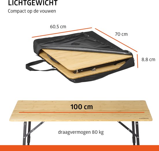 Campout Campingtafel - 100 x 72 x 70 cm - Inklapbare Tuintafel - Opvouwbare Camping Tafel - Vouwtafel - Klaptafel - Hoogte Verstelbaar - Inclusief Handvat - Bamboe van Campout — afbeelding 2
