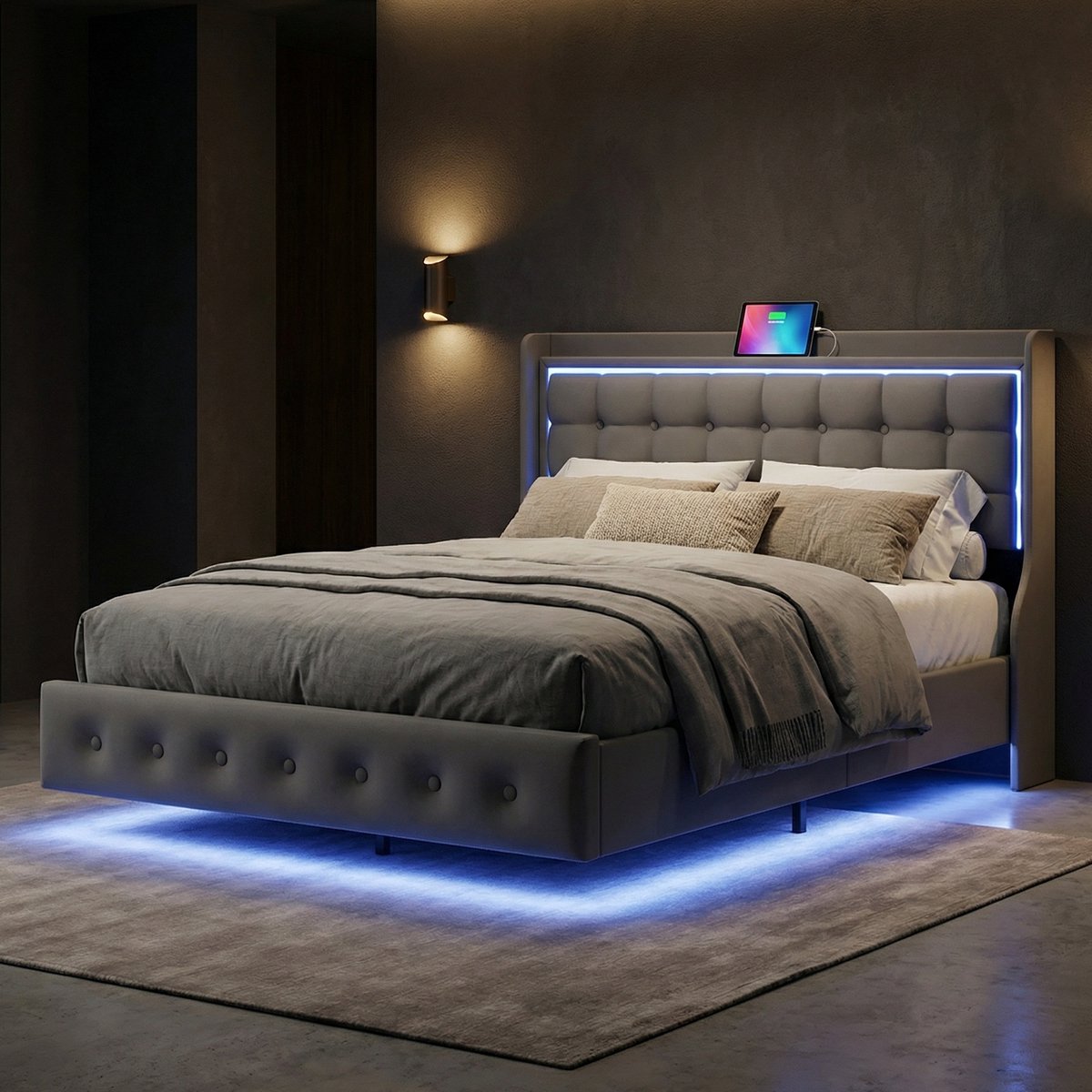 Tweepersoonsbed 160x200 cm - Zwevend Gestoffeerd Bed met LED en USB-poorten - Metalen en Houten Frame - Fluwelen Bekleding - Moderne Stijl - Grijs