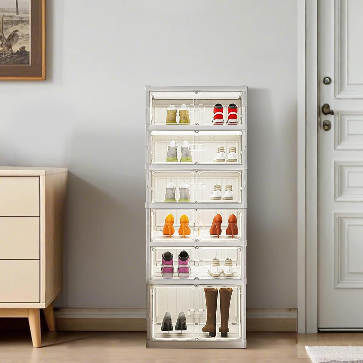 Schoenenkast-Opvouwbaar schoenenrek met 6 lagen, opvouwbare opbergkast voor 12 paar schoenen met transparante magnetische voor kledingkast,stapelbare hoge kast voor hal