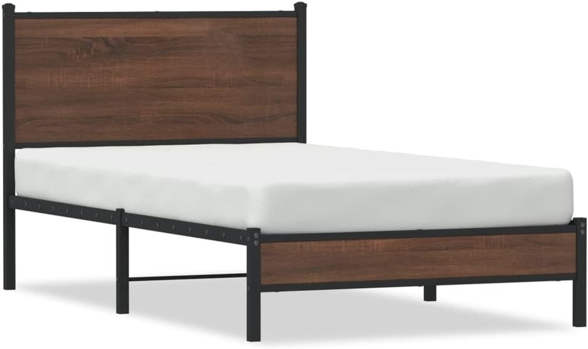 Bedframe met hoofdeinde - Klassiek bedframe - Slaapkamer inrichting - Stabiel stalen frame - 100 x 190 cm - Eiken bruin