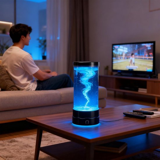 ZVD Tornadolamp - Met tornado-effect - Creatieve, decoratieve sfeerverlichting - Geruisloos LED-nachtlampje voor op het bureau met kleurwisseling (7 kleuren) - Eenvoudig in gebruik - Geschikt voor interieur, Kerstmis, slaapkamers en kantoren - Zwart — afbeelding 5
