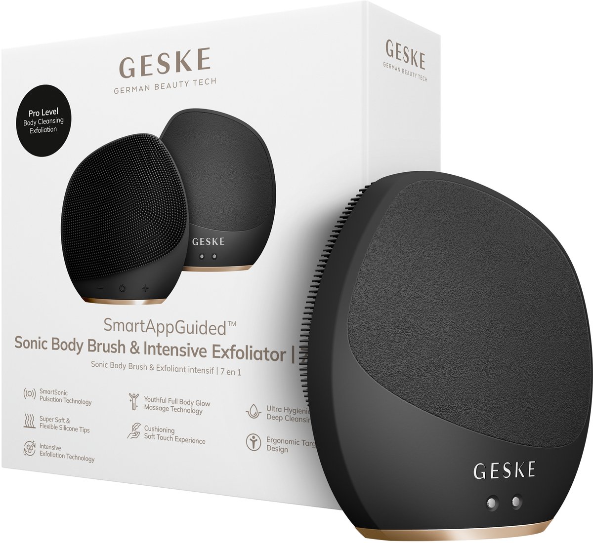GESKE Sonic Body Brush & Intensive Exfoliator | 7 in 1 | Elektrische borstel voor het hele lichaam | Met SmartSonic-pulsaties | Diepe reiniging, exfoliatie en massage | Ruwe huidverwijderaar
