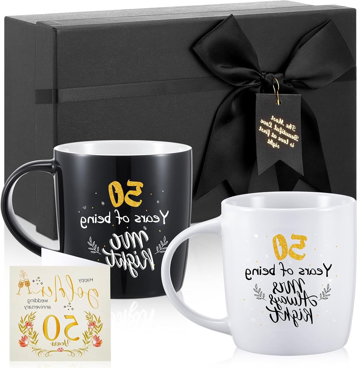 Elegante keramische mokken voor koppels - 2 stuks, 50 jaar samen, grappige kerstcadeaus, zwart geschenkdoos, trouw- en jubileumgeschenken, 380ml