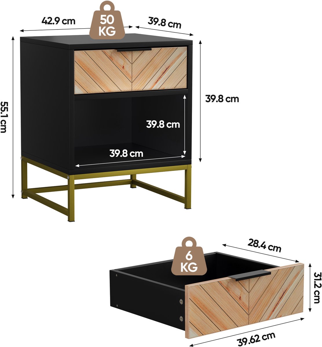 REDOM Nachtkastje - 1 lade en open vak - 4 metalen poten - Mid-century stijl - Slaapkamer of woonkamer - MDF - Zwart + Naturel - 43 x 40 x 55 cm