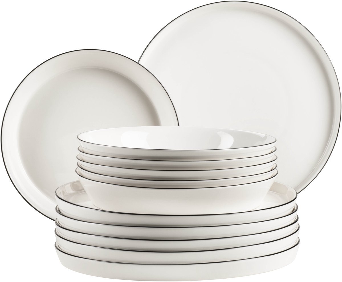 Mäser SITA Serviesset 12-delig met Zwarte Rand - Compleet Dinerset voor 4 Personen - Porselein Servies met Dinerborden, Dessertborden en Kommen - Modern Tafelservies