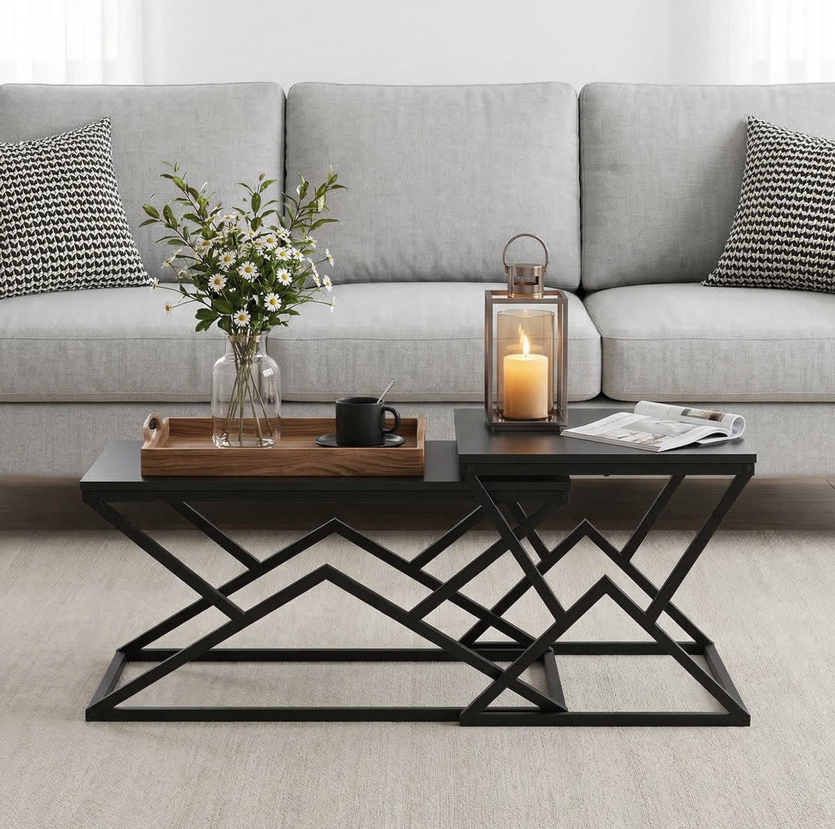 STILVORA Salontafel - Geometrisch Design Met Opbergruimte - Voor Woonkamer - Metaal En Spaanplaat - 80x50x40 cm - Zwart