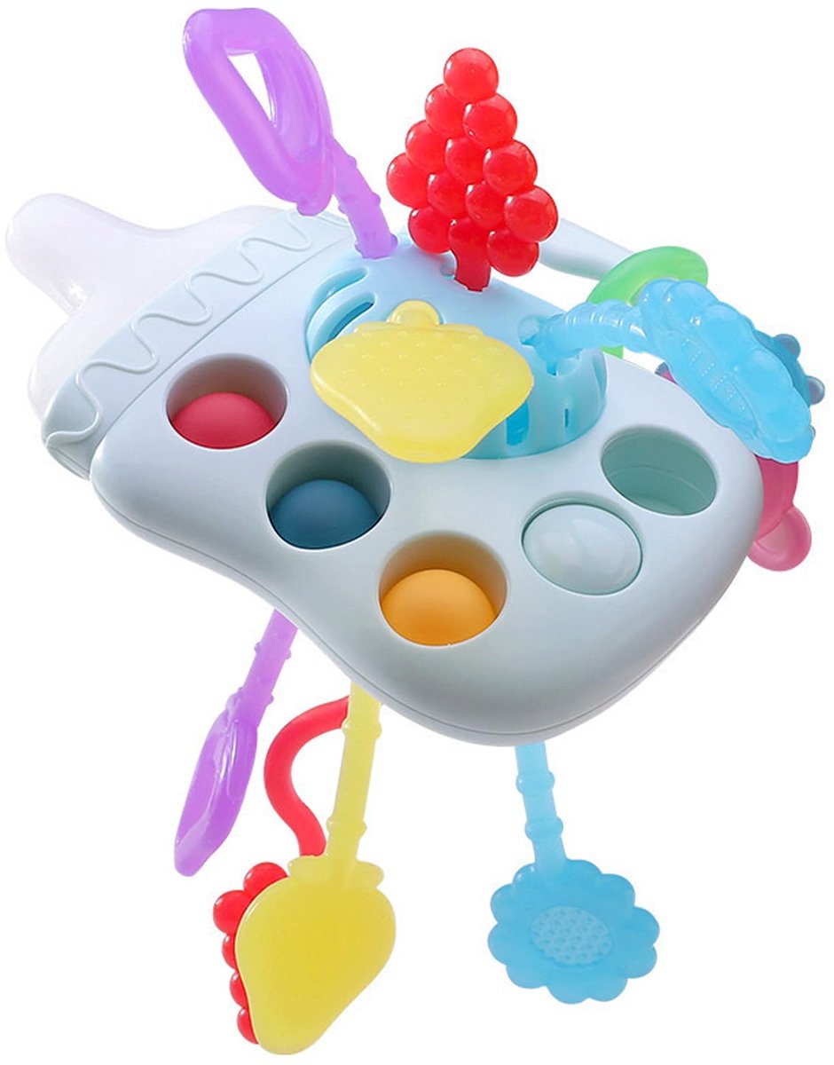 COOAU - Montessori Silicone Trektouw - Sensorisch Speelgoed in Vorm van Babyflesje - Blauw - Vanaf 6 Maanden - Stimuleert Handspieren & Fijne Motoriek - Tandvriendelijk & BPA-vrij - Wasbaar Reisspeelgoed
