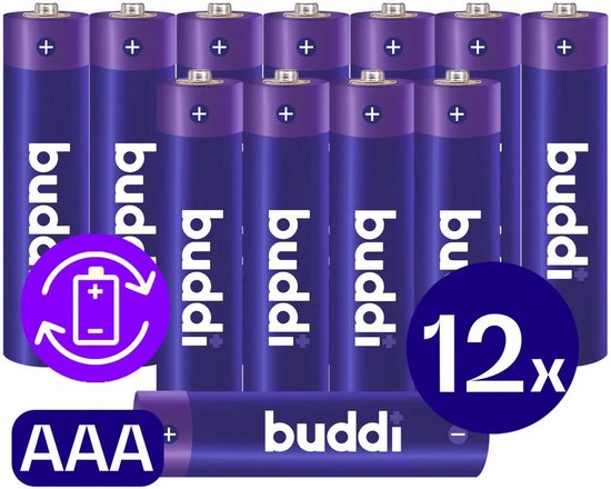 Twaalf paarse Buddi AAA batterijen met witte logo's. Één ligt op de voorgrond.