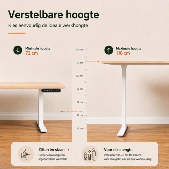 Zwart bedieningspaneel met digitale hoogte-aanduiding (72 cm - 118 cm) naast een houten bureau.