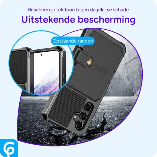 Zwarte telefoonhoes met portemonnee, toont opstaande randen ter bescherming.